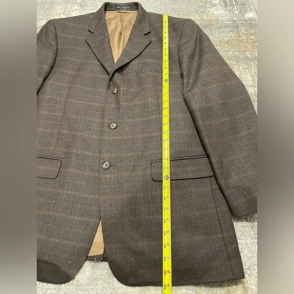 Haspel Brown 100% Lambswool Mens Suit Jacket Size 44 Long 3 Button Subtle Plaid